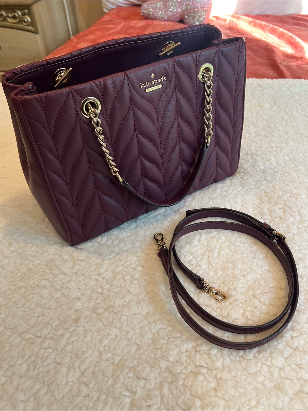 kate spade Quilted Burgundy Leather with Gold Chain Handles and longer strap. - Picture 13 of 13